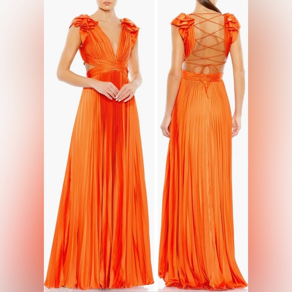 Ieena for Mac Duggal Plunge Neck Pleated A-Line Dress in Sunset - Picture 1 of 4